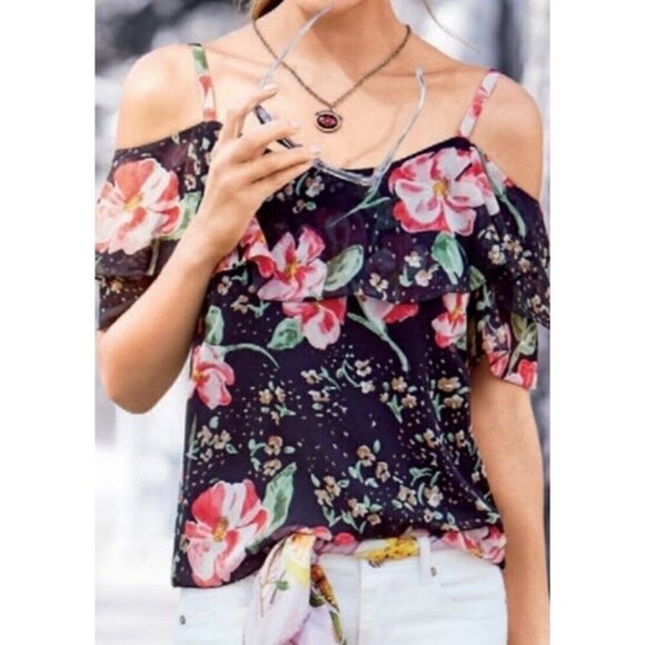 Cabi Sz S Ruffled Cold Shoulder Floral Print Top Romantic Blouse - Picture 11 of 16